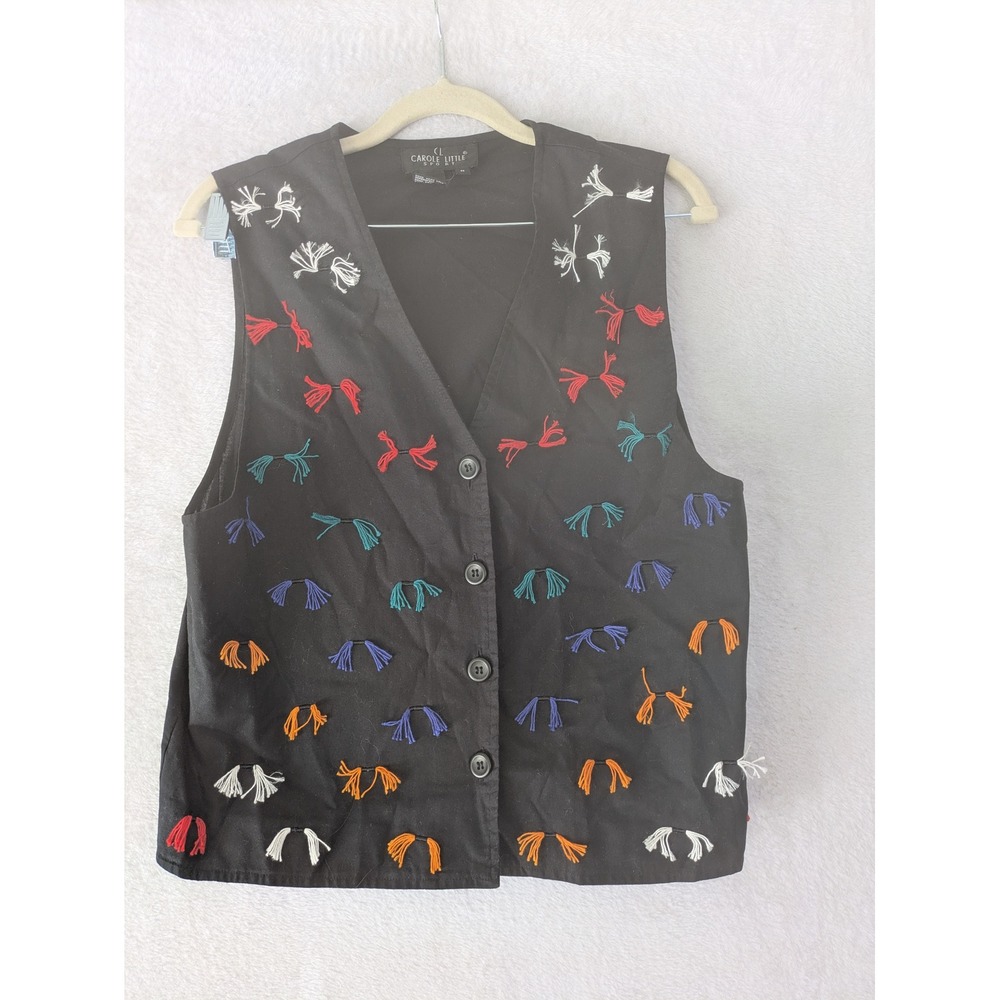 Carole Little Sport Vest Women's Medium Black Tassel Embroidered Button Front